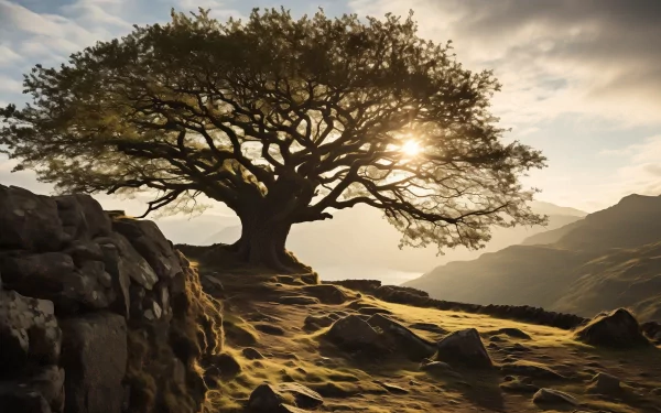 HD wallpaper featuring a majestic tree symbolizing Yggdrasil in a serene landscape with the sun setting in the background.