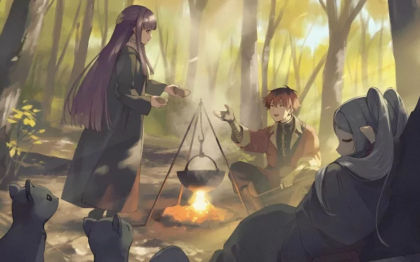 HD PC desktop wallpaper featuring Frieren, Fern, and Stark from the anime Frieren: Beyond Journey's End, gathered around a campfire in a sunlit forest.