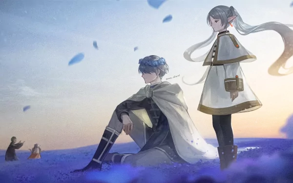 HD PC desktop wallpaper featuring Himmel and Frieren from the anime Frieren: Beyond Journey's End in a serene, flower-filled landscape at sunset.