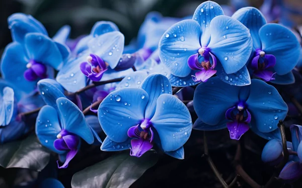 HD wallpaper of vibrant blue orchids with dewdrops, providing a serene blue floral background.