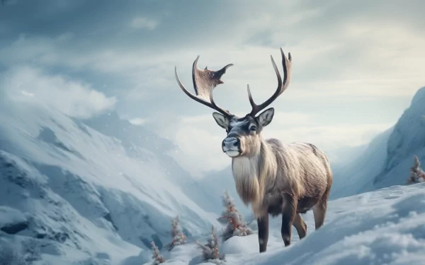 A majestic reindeer stands amidst a snowy landscape, surrounded by mountains under a serene sky, making for a stunning HD desktop wallpaper and background.