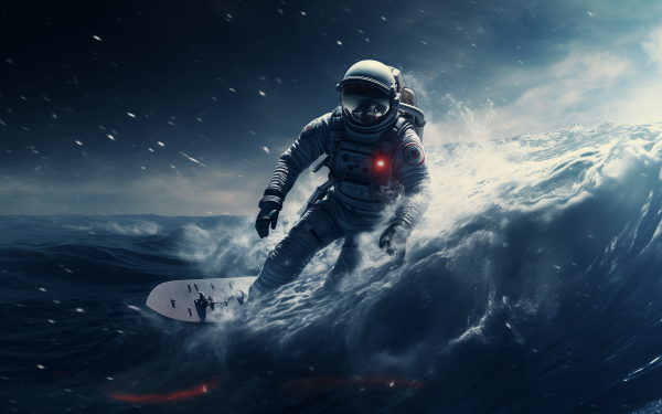 Astronaut surfing a massive wave in a creative HD desktop wallpaper and background.
