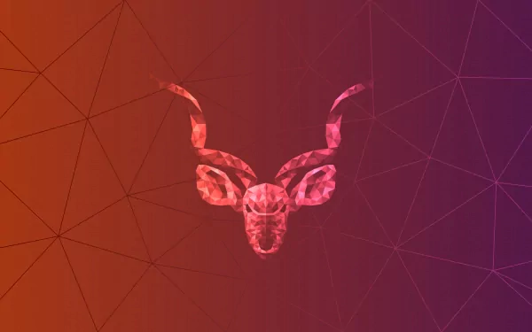 HD desktop wallpaper featuring the Ubuntu logo with a stylized geometric background in warm colors.