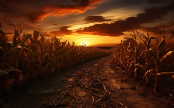 HD desktop wallpaper featuring a cornstalk-lined path at sunset with vibrant orange and red skies.