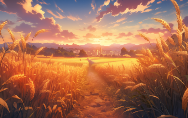Golden wheat field at sunset with a scenic path leading towards a distant village, perfect as a HD desktop wallpaper or background themed around agriculture and harvest.
