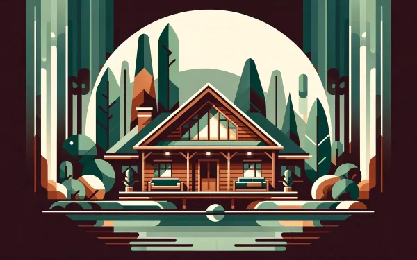 HD wallpaper of a cozy cabin surrounded by a forest and lake, crafted in a serene, stylized art design.