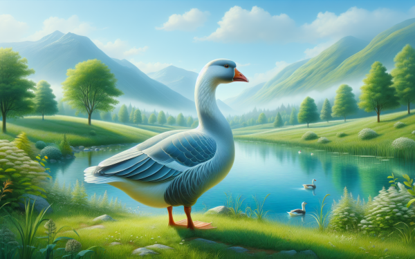HD wallpaper of a majestic goose standing by a serene lake with lush greenery and mountains in the background, perfect for a peaceful desktop background.