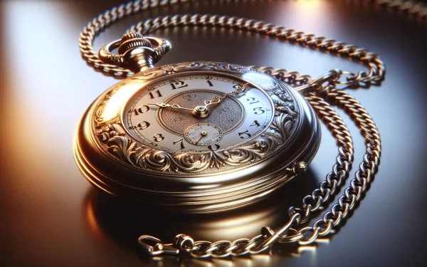A close-up of an ornate silver pocket watch with intricate details and a chain, set against a softly illuminated background, making for a striking HD desktop wallpaper.