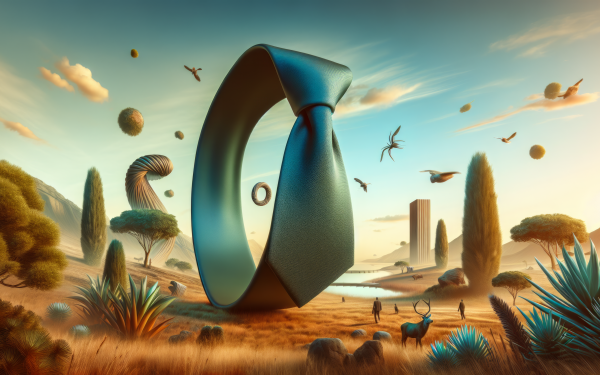 HD desktop wallpaper featuring a surreal landscape with a giant tie sculpture at the center, surrounded by floating islands, birds, and whimsical foliage under a warm glowing sky.