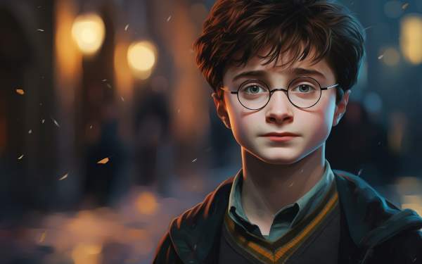 High-definition desktop wallpaper featuring an artistic representation of a young wizard character with glasses from the Harry Potter series, set against a blurred magical alley backdrop.