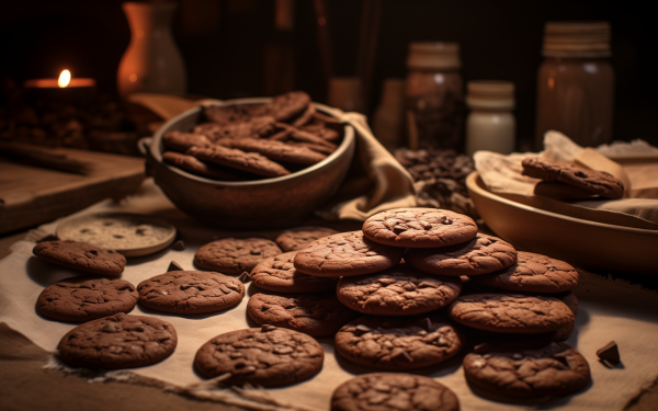 Delicious chocolate chip cookies spread out on a table with a rustic baking ambiance, perfect as a HD desktop wallpaper or background.