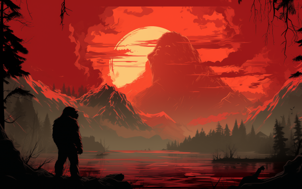 HD wallpaper featuring the silhouette of King Kong against a dramatic red sunset on Skull Island, with a foreground of a mysterious figure by a serene lake, perfect for a desktop background.