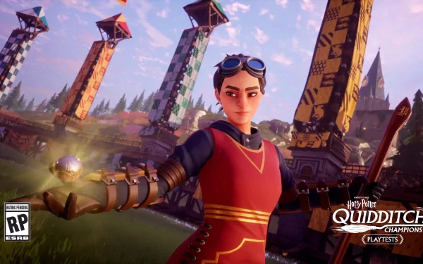 Alt Text: HD desktop wallpaper featuring an animated Quidditch player from Harry Potter Quidditch Champions game, poised with a broomstick on the Quidditch field.