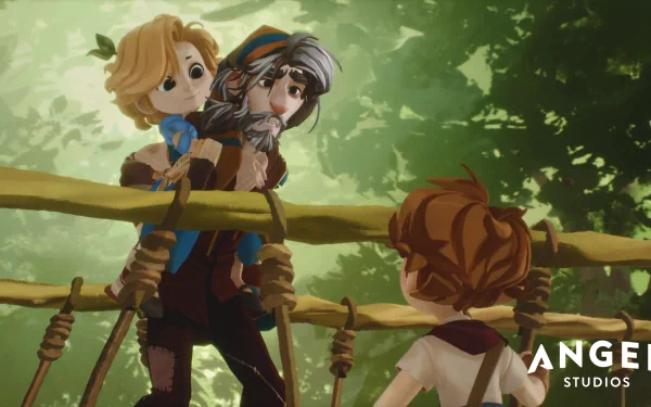 HD desktop wallpaper featuring a scene from The Wingfeather Saga with animated characters on a rope bridge amidst a lush forest background, presented by Angel Studios.
