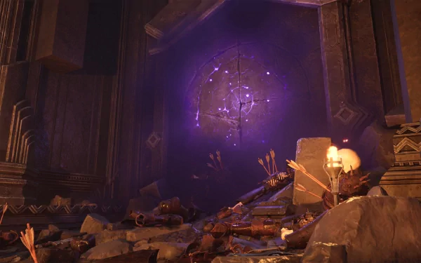 HD desktop wallpaper featuring The Lord of the Rings: Return to Moria with mystical runes and a glowing entrance amidst ancient ruins.
