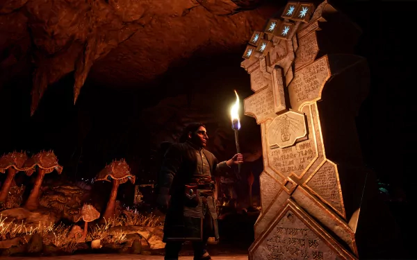 HD wallpaper of a character holding a torch next to a runic pillar in The Lord of the Rings: Return to Moria game background.