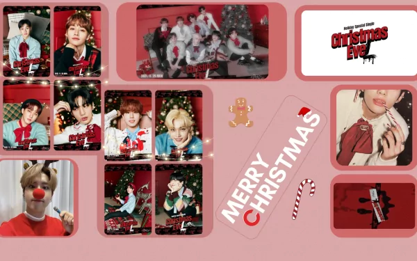 HD PC desktop wallpaper featuring Stray Kids members in festive Christmas-themed photos, with holiday graphics and Merry Christmas text incorporated.