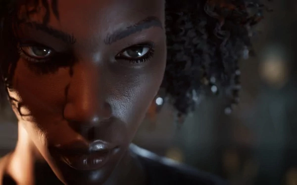 A striking close-up of a character from *Vampire: The Masquerade - Swansong*, featuring intense eyes and detailed facial features, serves as an engaging HD desktop wallpaper.