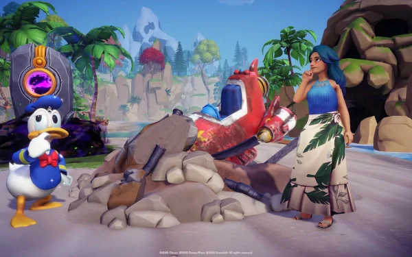 Disney Dreamlight Valley HD desktop wallpaper featuring a character alongside Donald Duck in a vibrant virtual world.
