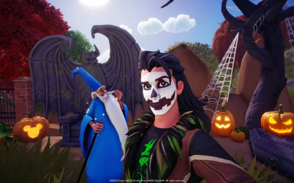 HD Disney Dreamlight Valley desktop wallpaper featuring a character with face paint alongside the wizard Merlin, set in a magical world with pumpkins and whimsical decorations.