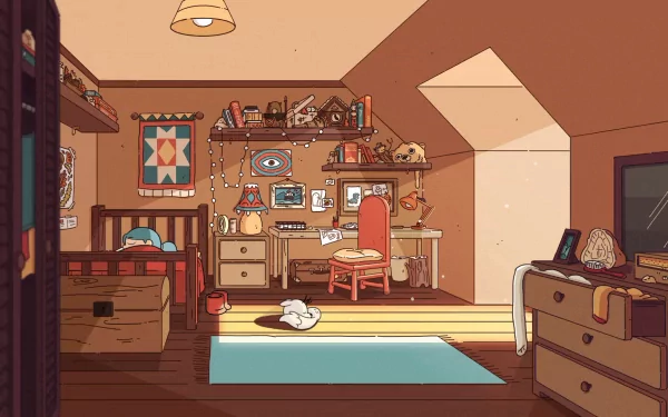 Hilda themed HD desktop wallpaper featuring a cozy, detailed room with eclectic decor and a serene atmosphere.