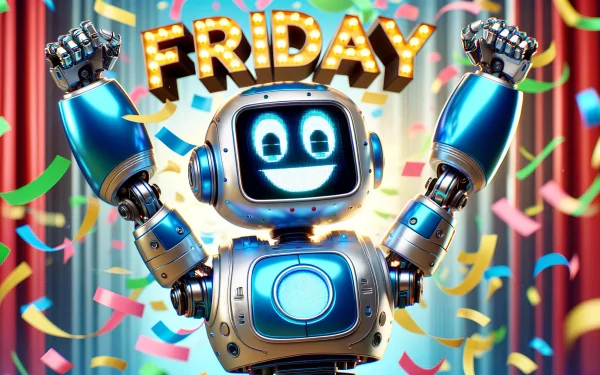 HD wallpaper of a cheerful robot celebrating Friday with confetti and festive decorations for a joyful desktop background.