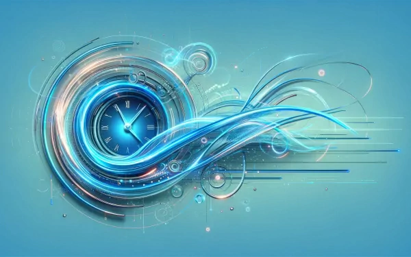 HD desktop wallpaper featuring an abstract design with a light blue theme, incorporating a swirling clock and dynamic lines.