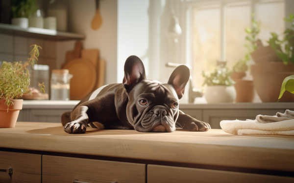 Adorable French Bulldog lying on a wooden kitchen counter bathed in warm sunlight, perfect as a HD desktop wallpaper for dog lovers.
