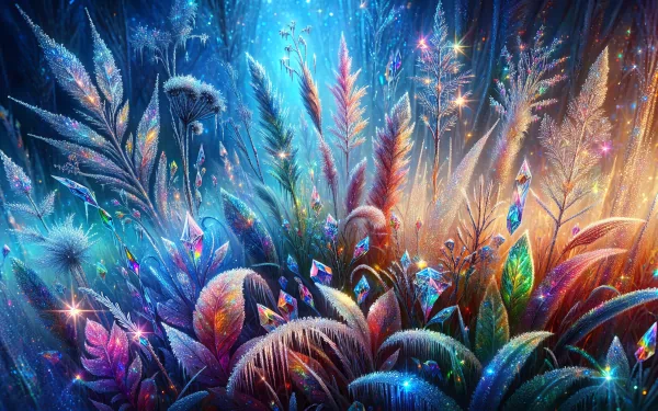 A frosty landscape filled with vibrant plants and sparkling crystals, illuminated by ethereal light, creating a mesmerizing HD desktop wallpaper and background.