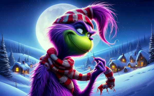 HD Wallpaper of The Grinch in a wintry Christmas village scene, perfect for desktop background.
