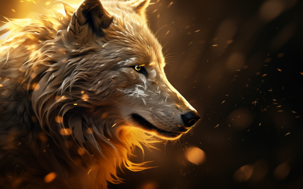 Stunning HD desktop wallpaper featuring a majestic wolf in golden lighting, perfect for a vibrant and dynamic computer background.