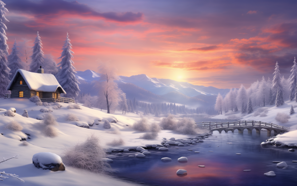 HD wallpaper featuring a serene winter scene with a cozy cabin surrounded by snow-covered trees, a gentle stream and a bridge, with a warm sunset over the mountains.