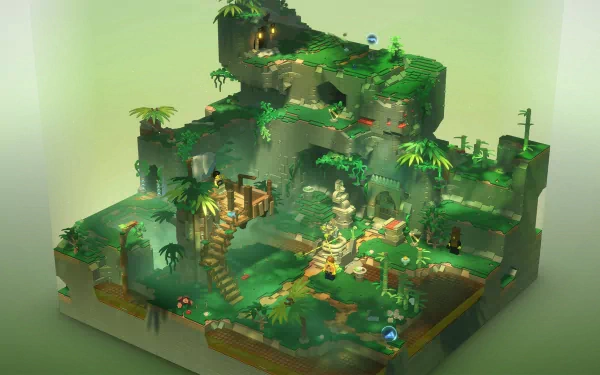 HD desktop wallpaper featuring a LEGO Bricktales vibrant jungle diorama scene with intricate Lego structures and foliage.