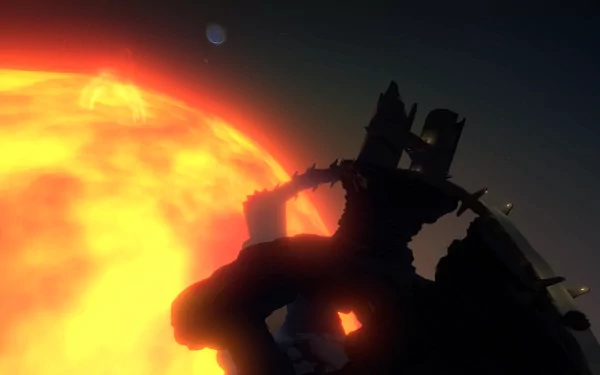 HD Outer Wilds video game wallpaper featuring a silhouette of a broken structure against a bright sun.