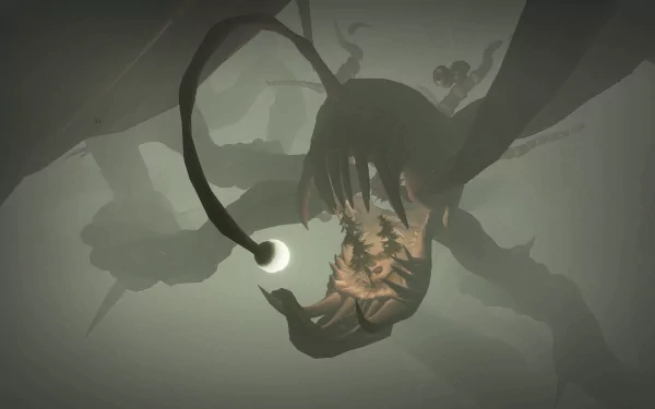 A dramatic HD desktop wallpaper from the video game Outer Wilds, featuring a mysterious creature looming in shadow with tendrils extending toward a glowing light.