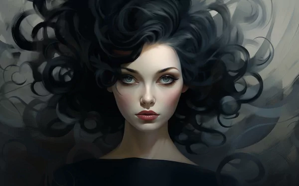 HD desktop wallpaper featuring a modern, artistic depiction of a woman with flowing dark hair and captivating eyes.