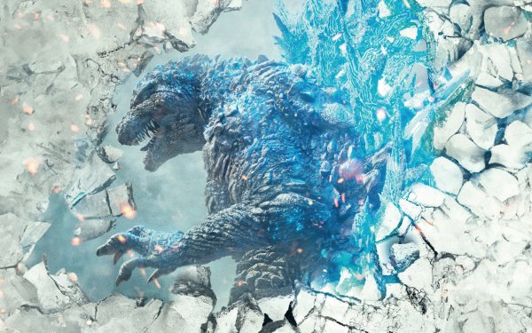 HD desktop wallpaper featuring Godzilla with blue spikes breaking through ice - Movie Godzilla Minus One background.