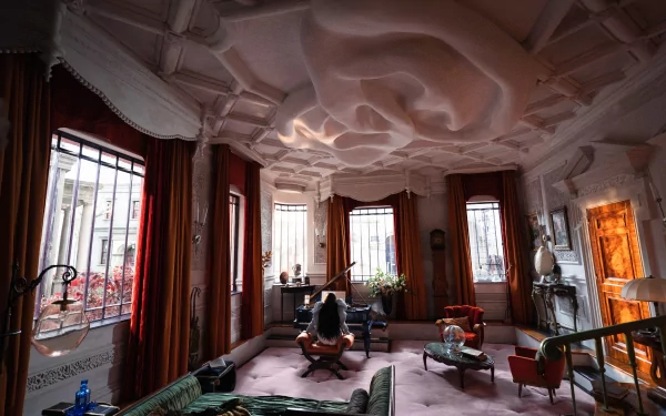 HD desktop wallpaper featuring an ornately designed room possibly from the movie Poor Things, with elaborate ceiling details and vintage furniture, providing an elegant background setting.