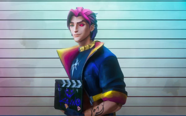 HD wallpaper of Kayn from League of Legends, with the Heartsteel theme on a striped background.