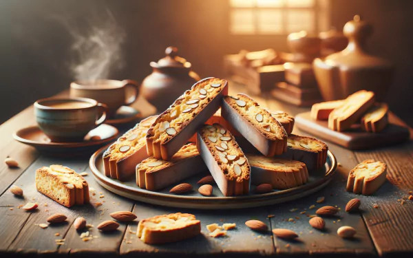 HD wallpaper of delicious almond biscotti on a plate with a cup of coffee in a warm, rustic setting.