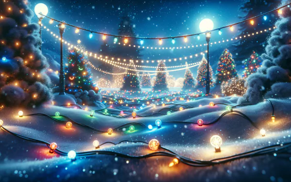 Enchanting winter holiday scene with multicolored lights and snowy Christmas trees for HD desktop wallpaper background.
