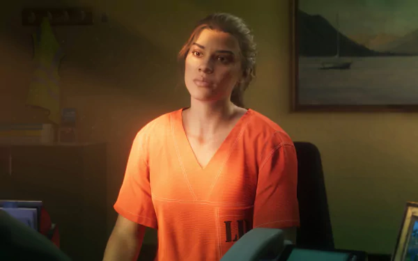 Person in orange attire posing for a HD desktop wallpaper with a softly lit, cozy background.