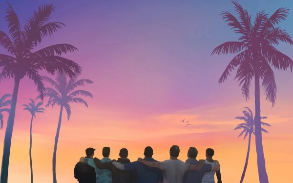 Group of people silhouette enjoying sunset with palm trees - HD tropical desktop wallpaper