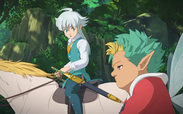 HD wallpaper featuring characters from 'The Seven Deadly Sins: Grudge of Edinburgh' movie riding a horse through a lush forest.