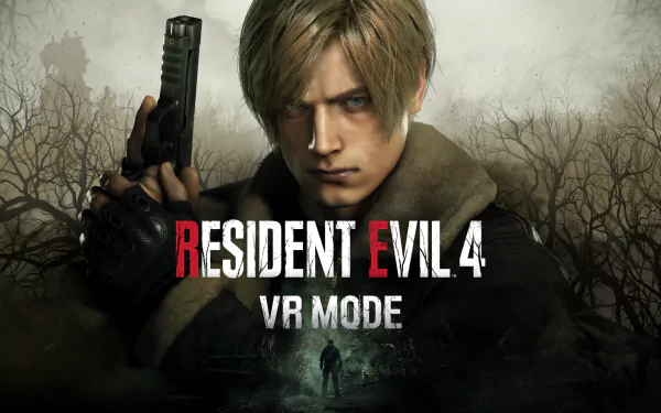 A HD wallpaper featuring Resident Evil 4 (2023) in VR mode, showcasing the main character with a gun, set against a dark, atmospheric background.