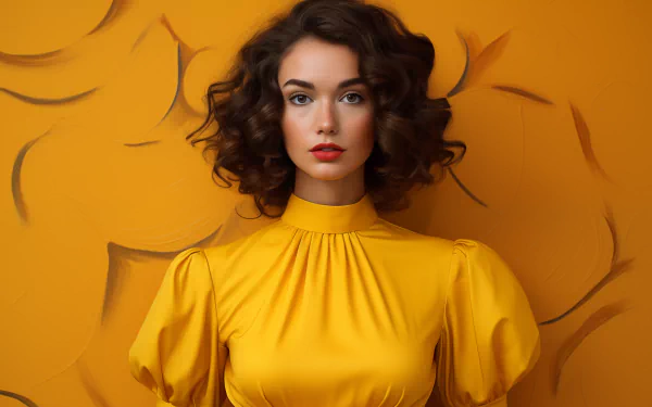Elegant woman in yellow dress posing for HD desktop wallpaper with stylish autumnal theme.