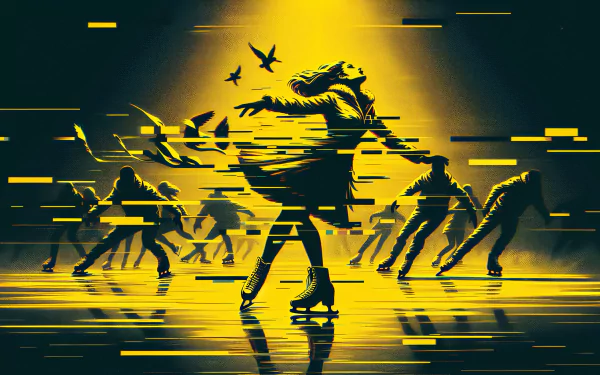 A dynamic ice skating scene featuring skaters in motion against a vivid yellow background, creating an energetic and artistic wallpaper for your desktop.
