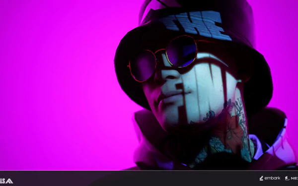 Cool character from The Finals video game featured in an HD desktop wallpaper with a vibrant purple background for a stylish gaming aesthetic.