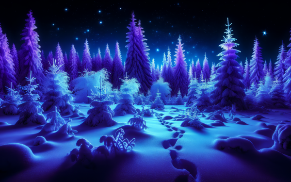 Enchanting HD wallpaper of a snowy winter scene with purple-hued forest and starry night sky, ideal for a desktop background.