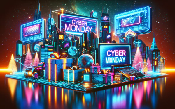 Cyber Monday themed HD wallpaper featuring a vibrant neon cityscape with digital displays and a laptop highlighting Cyber Monday deals.